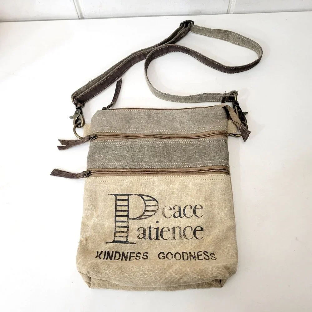 Peace Patience Kindness Goodness Canvas Crossbody Bag With Adjustable Strap & Zi - Picture 4 of 4